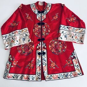 Vintage Chinese Red Silk Floral Embroidery Jacket / Short Robe Bai hua